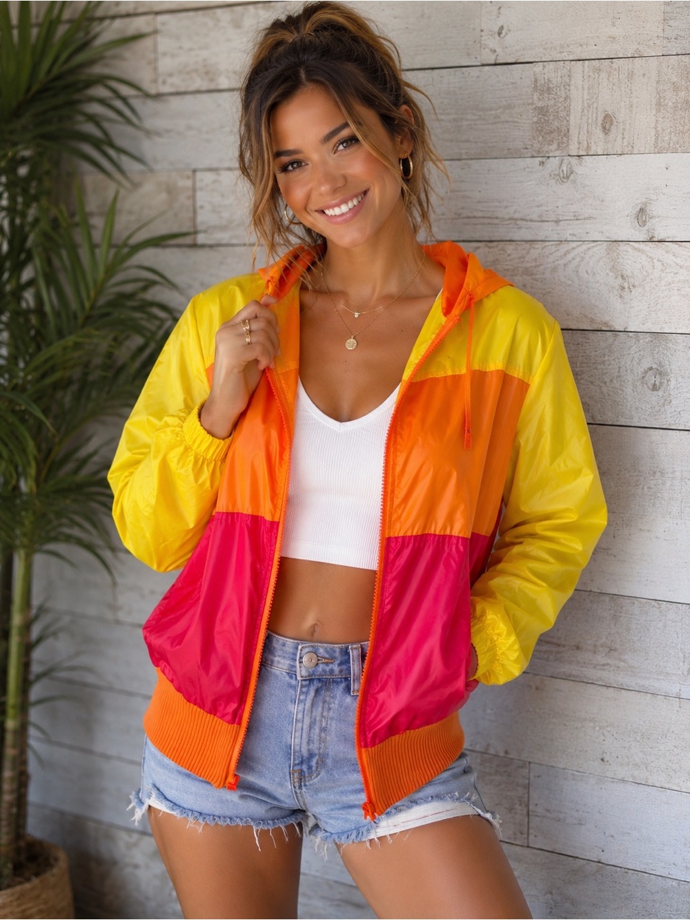Retro 80s Neon Colorblock Zip Windbreaker